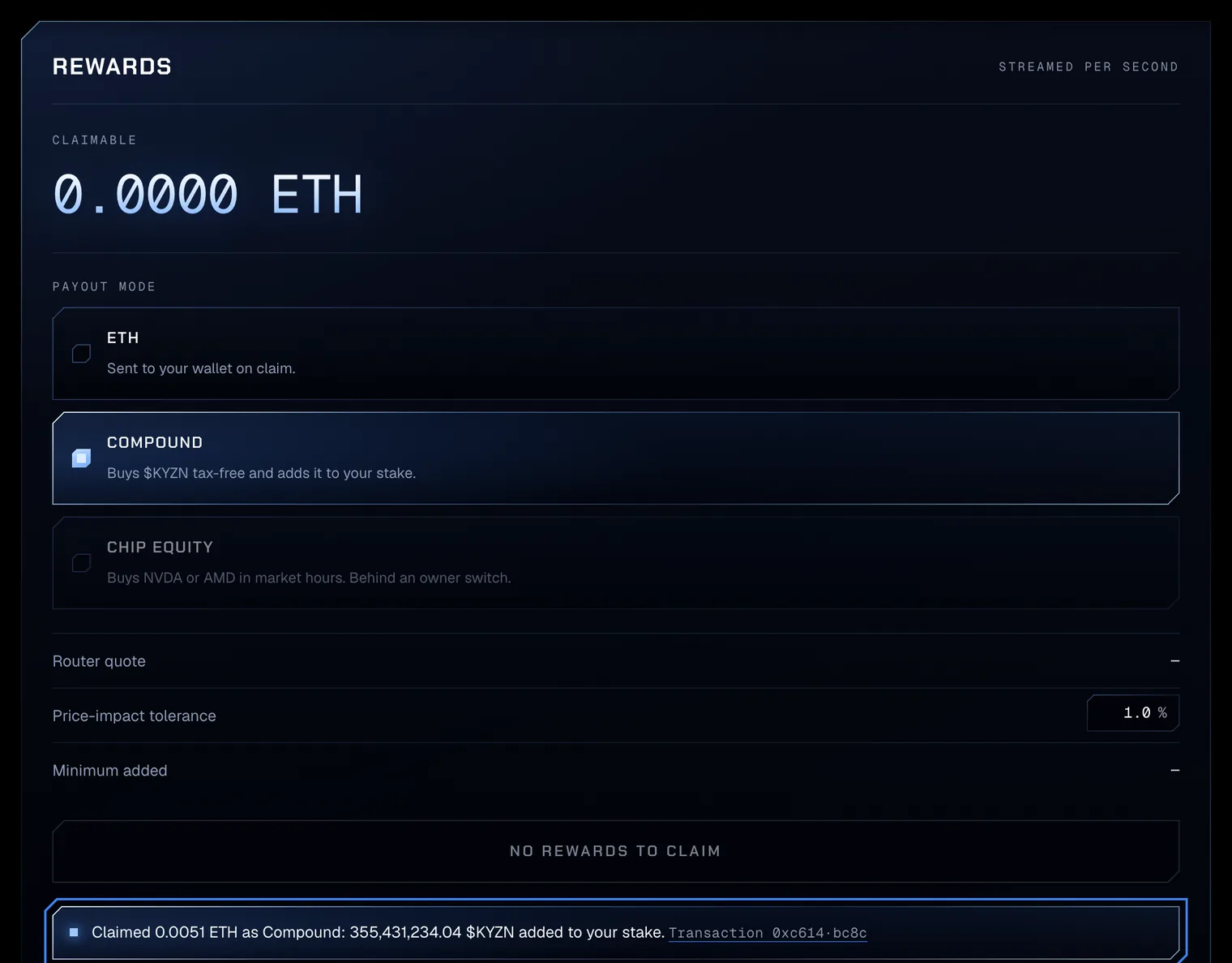 After the claim: the status line Claimed 0.0001 ETH as Compound: 21,397,663.4039 $KYZN added to your stake. Transaction 0x4f7e·3f2b, outlined, and Claimable back to 0.0000 ETH.
