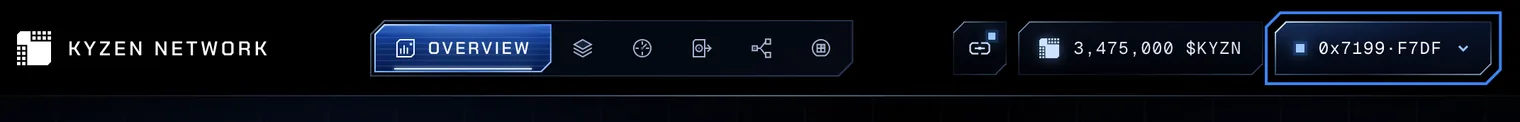 The top bar with a wallet connected: the network pill lit, a balance of 4,525,000 $KYZN, and the wallet pill 0x7199·F7DF outlined.
