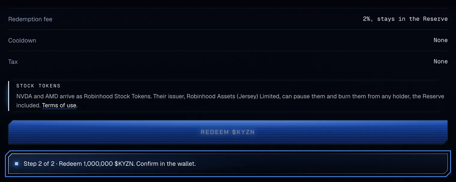 The Redemption fee, Cooldown and Tax rows, the Stock tokens note on the issuer's powers, and the status line Step 2 of 2 · Redeem 1,000,000 $KYZN. Confirm in the wallet., outlined.