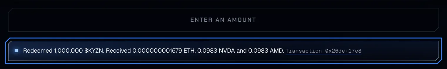 The status line Redeemed 1,000,000 $KYZN. Received 0.000000001679 ETH, 0.0983 NVDA and 0.0983 AMD. Transaction 0x0937·65ba, outlined.