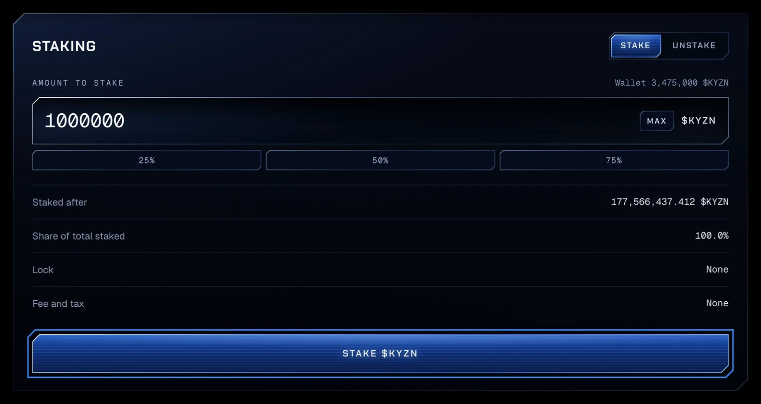 1000000 typed in the Amount to stake field, Staked after raised by 1,000,000 $KYZN, and the Stake $KYZN button outlined.