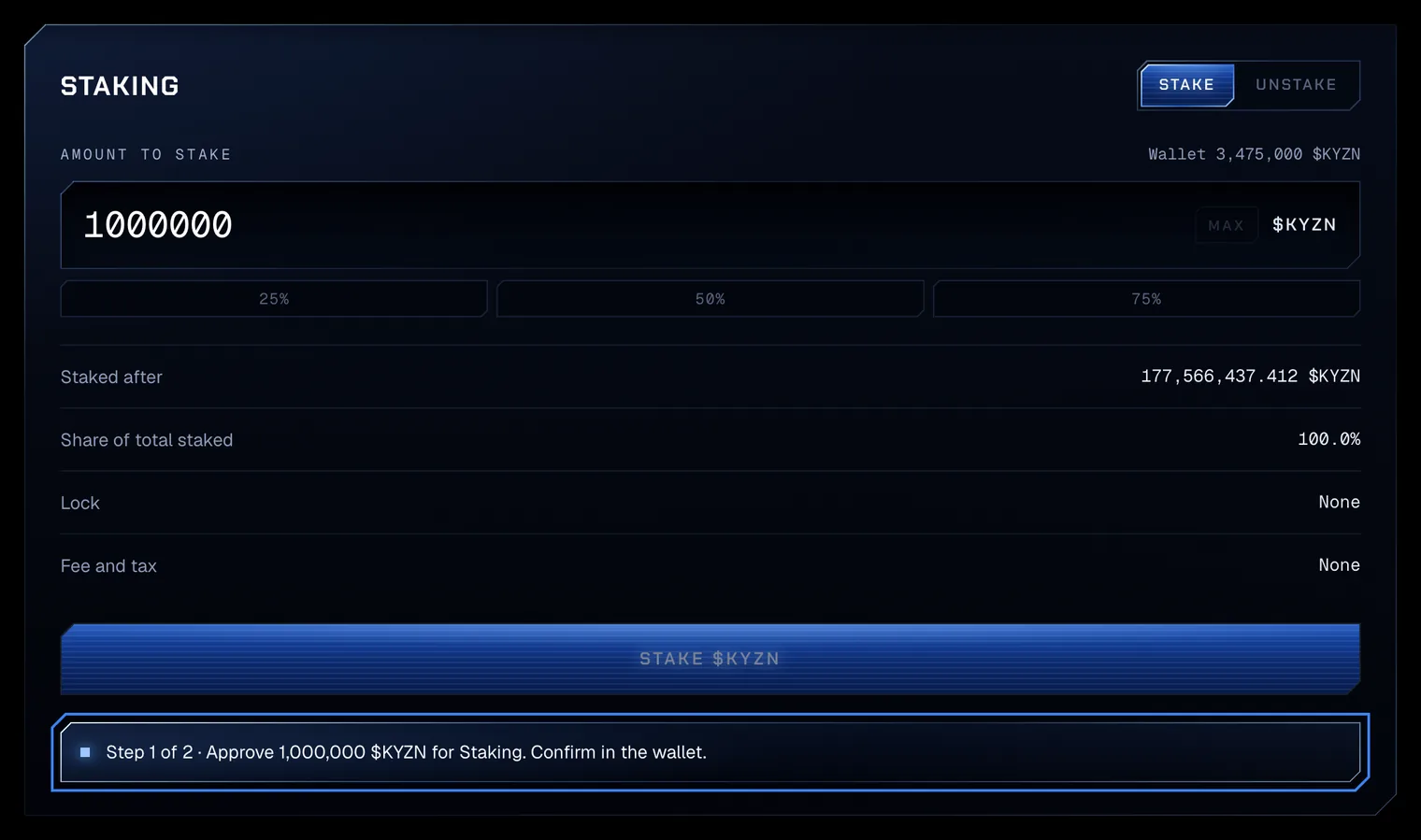Under the Stake $KYZN button, the status line Step 1 of 2 · Approve 1,000,000 $KYZN for Staking. Confirm in the wallet., outlined.