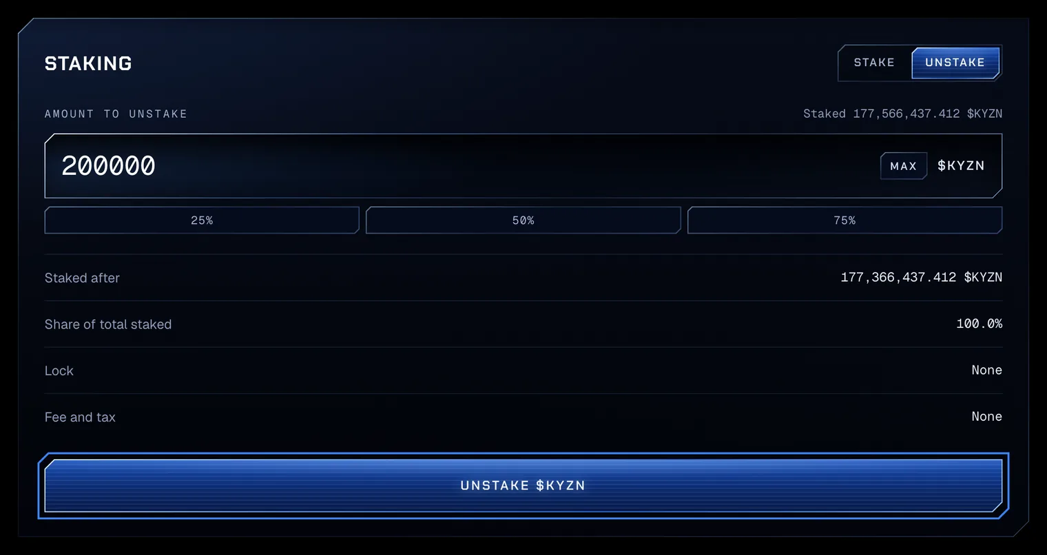 The Unstake tab selected: 200000 typed in Amount to unstake, Staked 32,222,700.277 $KYZN above it, Staked after 32,022,700.277 $KYZN, and the Unstake $KYZN button outlined.